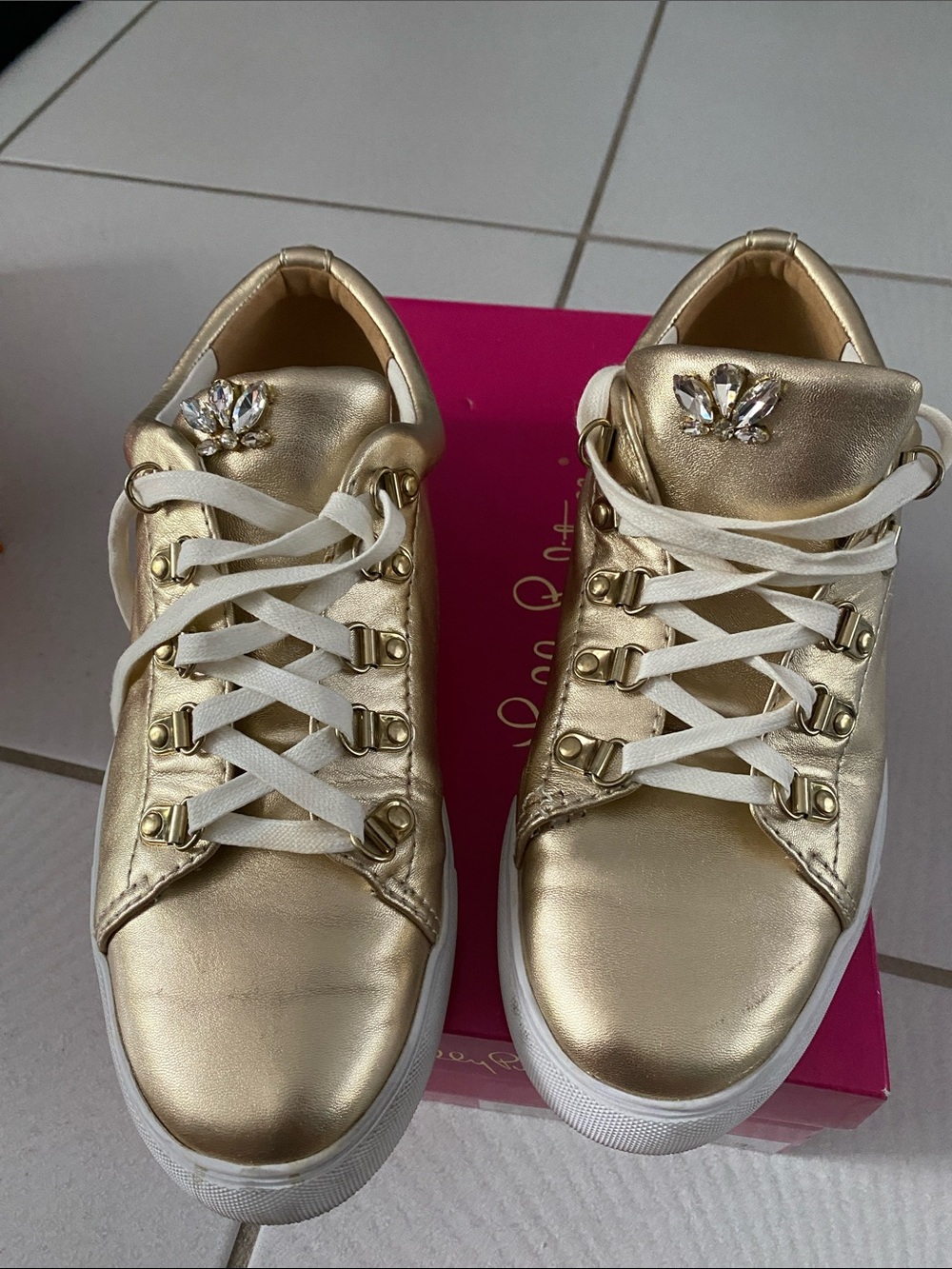 Lilly Pulitzer Hallie Gold Metallic Lace-Up Women's Sneakers Crystal Accent 10